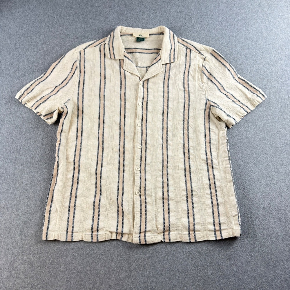 ESC Slim Fit Textured Cotton Camp Collar Shirt Mens L Cream Navy Stripe Resort